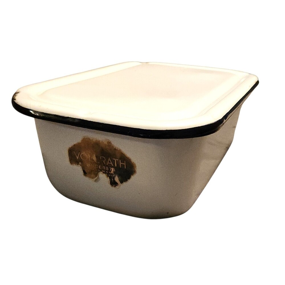 Vollrath Enameled Metal Refrigerator Box & Lid White w/ Blue Trim 12" X 8"